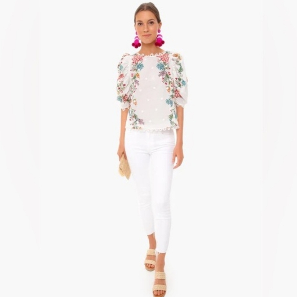 FARM RIO Louise Floral White Multi Floral Puff Sleeve Top M Like New RARE - Picture 6 of 16